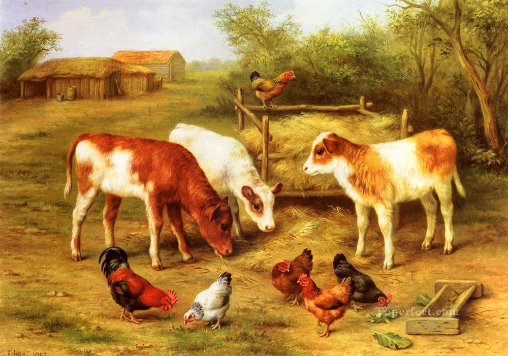 Veaux et poulets se nourrissant dans une ferme Farmyard animaux Edgar Hunt Peintures à l'huile